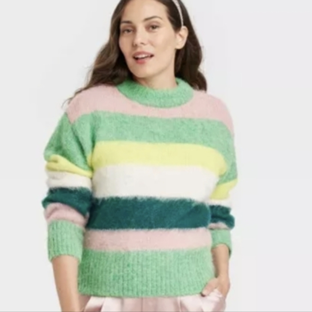 A New Day Crewneck Striped Brushed Pullover Oversized Size XS
